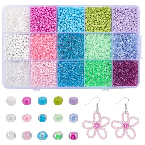 PH PandaHall 4900pcs 15 Colors Glass Seed Beads, 3mm Seed Beads Small Round Pony Bead 8/0 Tiny Spacer Craft Waist Beads for Earring Friendship Bracelet Necklaces Jewelry DIY Craft Making