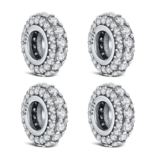 KEQ 925 Silver Spacer Stopper Bead Charms Clearance for Pandora Bracelets Birthstone CZ Always Stopper Birthday Gifts for Mom Grandmom Granddaughter Wife Sisters Friends - color: Silver(4 pcs)