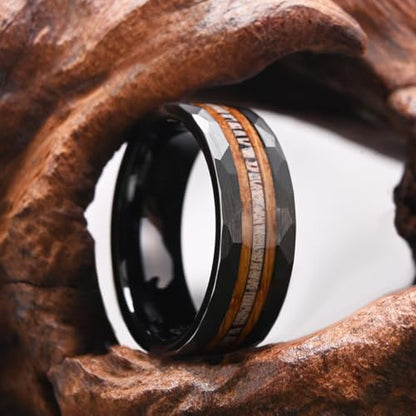 Tungsten Carbide Rings for Men 8mm Black Hammered Whiskey Barrel Wood & Elk Antler Inlay Men's Engagement Wedding Bands Matte Brushed - color: 8mm black Hammered