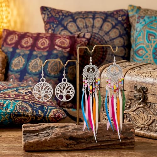 Molain 2Pairs Boho Beaded Feather Earrings for Women, Ethnic Retro Western Tree of Life Beaded Tassel Dangling Earrings Country Jewelry for Birthday Party Gifts