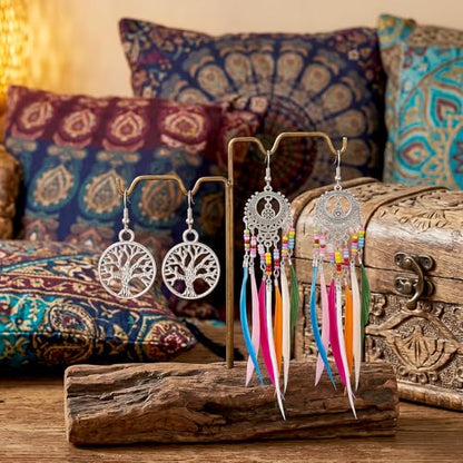 Molain 2Pairs Boho Beaded Feather Earrings for Women, Ethnic Retro Western Tree of Life Beaded Tassel Dangling Earrings Country Jewelry for Birthday Party Gifts