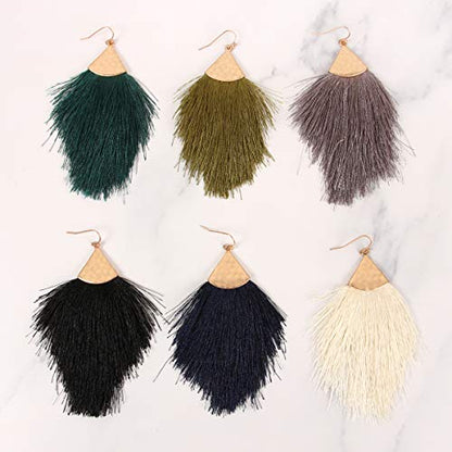 Bohemian Silky Thread Fan Fringe Tassel Statement Earrings - Lightweight Strand Feather Shape Dangles - color: Feather Fringe - Burgundy