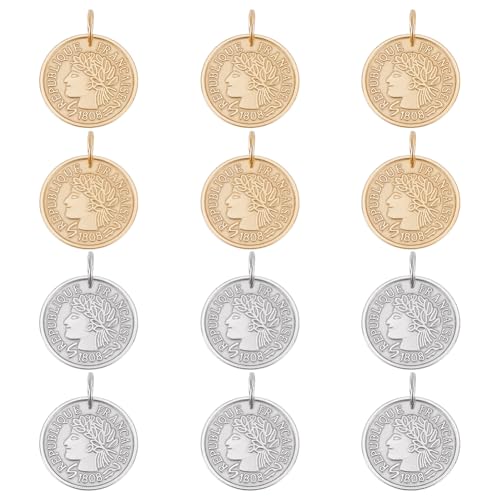 UNICRAFTALE 12pcs Stainless Steel Coin Pendant Republique Francaise 1808 Metal Pendant Flat Round Charms Coin Dangle Medallion Charm for DIY Jewelry Making - color: Golden & Stainless Steel Color