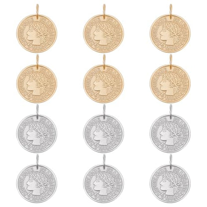 UNICRAFTALE 12pcs Stainless Steel Coin Pendant Republique Francaise 1808 Metal Pendant Flat Round Charms Coin Dangle Medallion Charm for DIY Jewelry Making - color: Golden & Stainless Steel Color