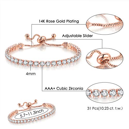 3 Pcs Tennis Bracelets for Women 14K Gold Plated 4mm 5A+ Cubic Zirconia CZ Diamond Classic Adjustable Slider Bracelet Fashion Jewelry Wedding Gift Size 6.5-7.5 Inch - color: Rose Gold