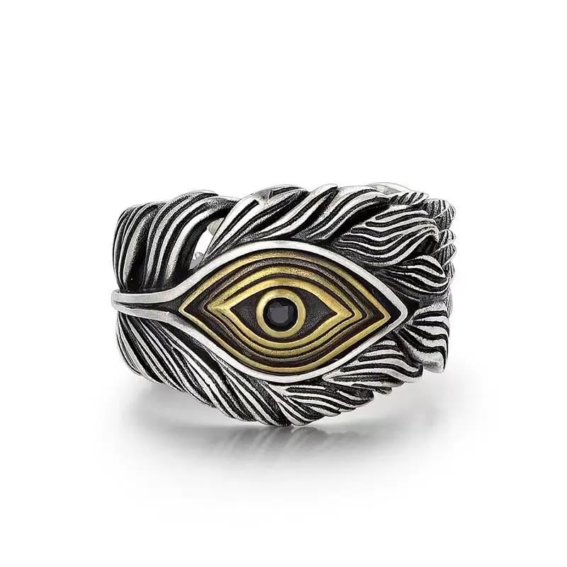 Adjustable Vintage Evil Eye Ring for Women, Two-Tone Silver and Gold Feather Statement Ring with Black Crystal Details, Boho Hippie Gift