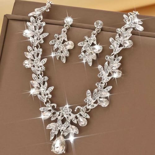 Rhinestone Bridal Wedding Jewelry Sets Gold Necklace Earrings Set Leaf Prom Formal Costume Jewelry Set for Women and Brides - color: Silver