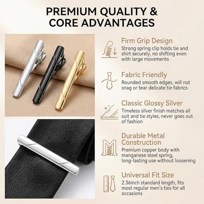 Tie Clips for Men Stainless Steel Minimalist Tie Bar, Non-Slip Classic Gold & Silver Tie Clip, Perfect Business Wedding Gifts for Father Husband Boyfriend Daily Wear