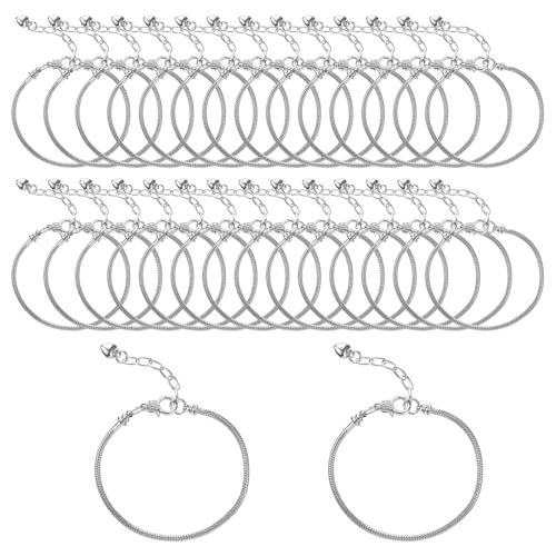 30 Pieces Adjustable Silver Snake Charm Bracelet Chains with Heart Lobster Clasp Extender DIY Jewelry Making Supplies for Women (7.87 Inch)