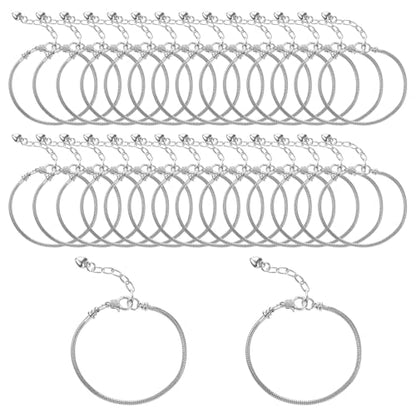 30 Pieces Adjustable Silver Snake Charm Bracelet Chains with Heart Lobster Clasp Extender DIY Jewelry Making Supplies for Women (7.87 Inch)