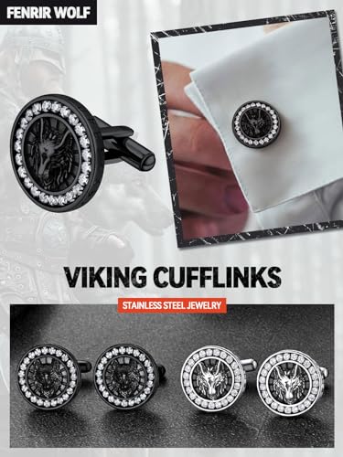 FaithHeart Mens Cufflinks, Norse Viking Tuxedo Shirt Cuff Links, Stainless Steel Cuff Links and Shirt Studs, Gift Box - style: 06. Wolf CZ-Black
