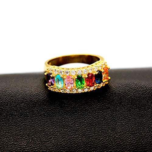 Uloveido Beautiful Women's 7 Stones Wedding Band Oval Cubic Zirconia Engagement Anniversary Rings J501 - color: Gold-Rainbow