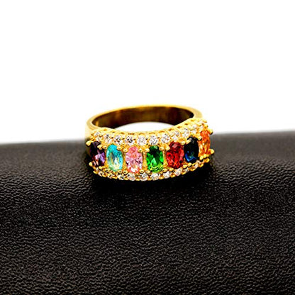 Uloveido Beautiful Women's 7 Stones Wedding Band Oval Cubic Zirconia Engagement Anniversary Rings J501 - color: Gold-Rainbow