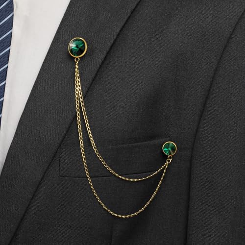 HAWSON Birthstone Brooch Pin for Men with Hanging Chain & Crystal, Mens Gold Tone Lapel Pin for Wedding/Birthday/Party Dress Suits Accessories - color: May Emerald