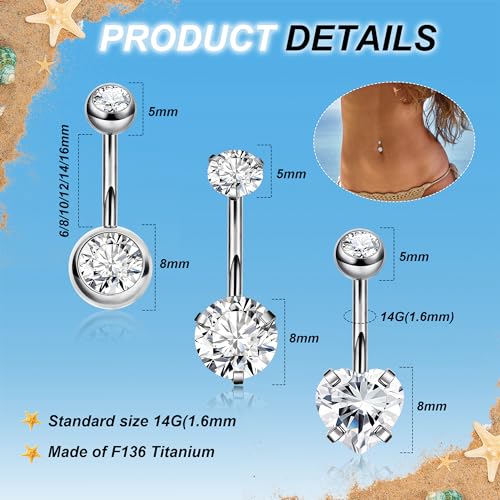 REVOLIA 3Pcs 14G F136 Titanium Belly Button Rings for Women Hypoallergenic Cubic Zirconia Navel Rings Heart Belly Rings Sliver Pretty Belly Piercing Barbells 6-16mm - color: silver