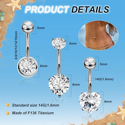 REVOLIA 3Pcs 14G F136 Titanium Belly Button Rings for Women Hypoallergenic Cubic Zirconia Navel Rings Heart Belly Rings Sliver Pretty Belly Piercing Barbells 6-16mm - color: silver