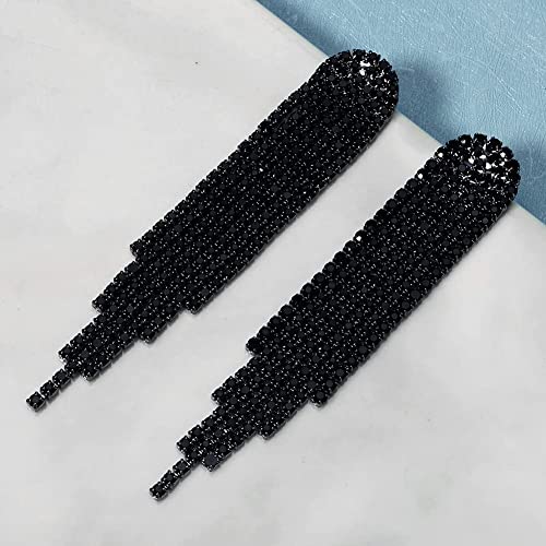Mlouye 3.3"L Rhinestone Earrings Dangling Long Fringe Crystals Chandelier Dangle Drop Earrings for Women - color: 1-Pierced-Black