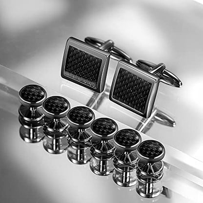 Mens Cufflinks and Tuxedo Studs Set in Gift Box (Carbon Fiber), Jewelry or Accessories in Gold Silver Black Tone, Matching with Shirts Vest and Bow tie, Suitable for Birthday Wedding Anniversary - color: Black / Gun Plated
