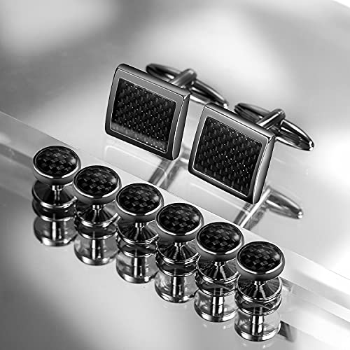 Mens Cufflinks and Tuxedo Studs Set in Gift Box (Carbon Fiber), Jewelry or Accessories in Gold Silver Black Tone, Matching with Shirts Vest and Bow tie, Suitable for Birthday Wedding Anniversary - color: Black / Gun Plated