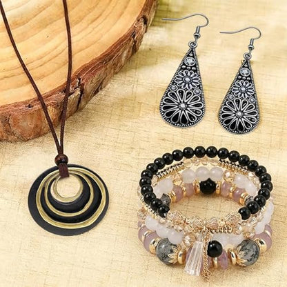 Western Jewelry Sets for Women Boho Jewelry, Layer Bohemian Necklace Earrings Bracelet, Cowgirl Accessory Rodeo Summer Beach - color: Black