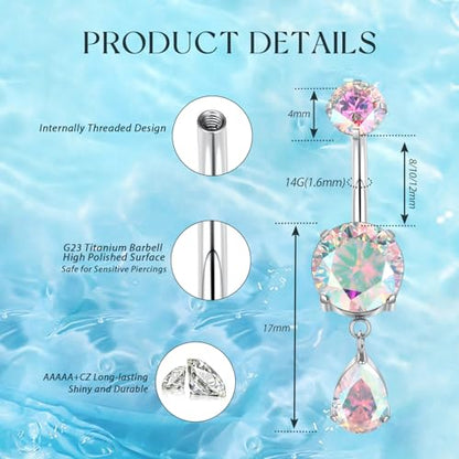 GAGABODY G23 Titanium Belly Button Rings Dangly Belly Ring Navel Piercing Ring Belly Piercing Jewelry 14G 3/8 inch 10mm Navel Barbell CZ - color: Silver+Dangly Waterdrop Shape Clear ABCZ