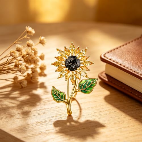 Sunflower Brooch with Natural Citrine for Women, 18k Gold Plated 925 Sterling Silver Sunflower Pins for Clothes, Yellow Sunshine Flower Brooches Jewelry - style: Style 2