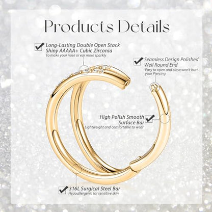 GAGABODY Conch Piercing Double Open Stack with CZ 16 Gauge Hoop Earrings 18g Septum Jewelry 20g Septum Ring Daith Earrings 316L Surgical Steel Lip Rings Helix Rook Cartilage Earrings Hoop - color: Style9:Gold+Double Hoop CZ