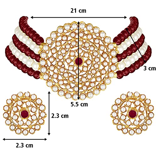 Aheli Pearl Diamond Choker Necklace & Round Earrings Gift for Women Indian Traditional Bollywood Fashion Bharatanatyam jewellery set - color: Maroon & White