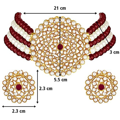 Aheli Pearl Diamond Choker Necklace & Round Earrings Gift for Women Indian Traditional Bollywood Fashion Bharatanatyam jewellery set - color: Maroon & White