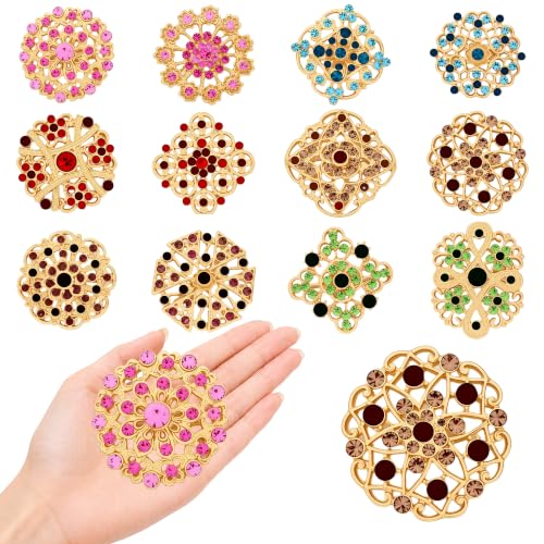 24 Pieces Flower Golden Brooches Pins, Small Shining Rhinestone Colorful Brooch Gift for Women, Wedding Decoration - color: Multicolor