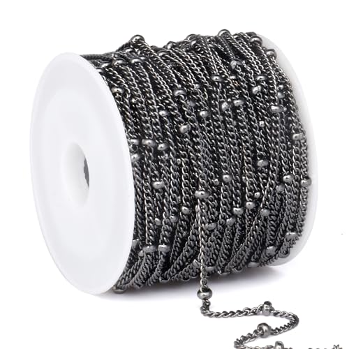 33FT 2mm Gunmetal Black Satellite Curb Chains Roll Bulk for Jewelry Making | 304 Stainless Steel Ball Beaded Twisted Link Satellite Chain Spool for DIY Craft - color: Black Small Beads Satellite Curb Chain