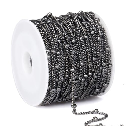 33FT 2mm Gunmetal Black Satellite Curb Chains Roll Bulk for Jewelry Making | 304 Stainless Steel Ball Beaded Twisted Link Satellite Chain Spool for DIY Craft - color: Black Small Beads Satellite Curb Chain
