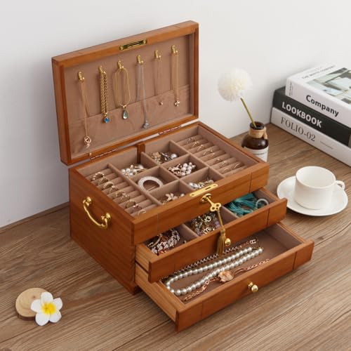 FEECOZ Wooden Jewelry Box Organizer with 2 Drawers, Lock and Key, Multiple Compartments for Rings, Necklaces, Bracelets, Jewelry Boxes for Women