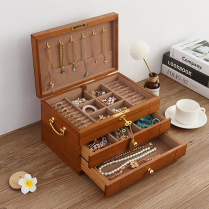 FEECOZ Wooden Jewelry Box Organizer with 2 Drawers, Lock and Key, Multiple Compartments for Rings, Necklaces, Bracelets, Jewelry Boxes for Women