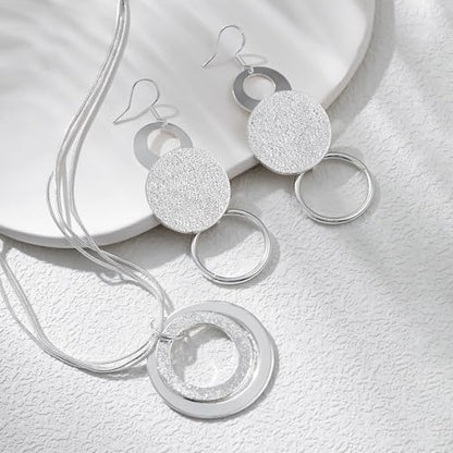 3 Circles Silver Hoop Earrings Necklace Set for Women Geometric Jewelry Set | 925 Silver Hypoallergenic Small Hoop Circle Geometry Textured Finish Minimalist Style Comfortable Wear - style: 2 Hoop