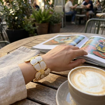 18K Gold Plated White Enamel Cuff Bracelet for Women - color: flower1
