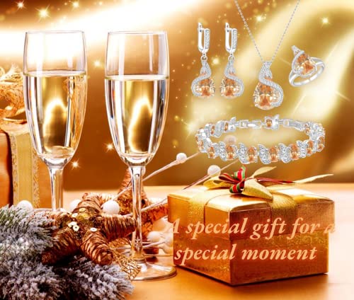 GZWHD Jewelry Set for Women Water Drop Cubic Zirconia Artificial Crystal Earrings Pendant Necklace Open Ring Tennis Bracelet Wedding Anniversary Birthday Engagement Gift for Bridesmaid Wife Girlfriend Friend - color: Champagne