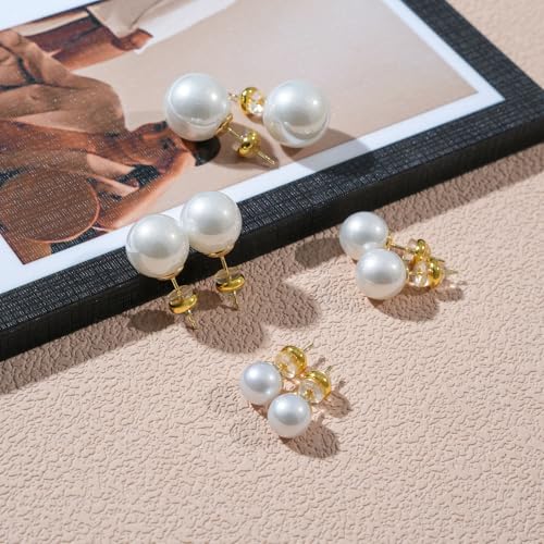 4 Pairs Pearl Stud Earrings, 14K Gold Plated Silver Posts Hypoallergenic Round Simulated Large Pearls, 8mm/10mm/12mm/14mm Stud Earring Set for Women