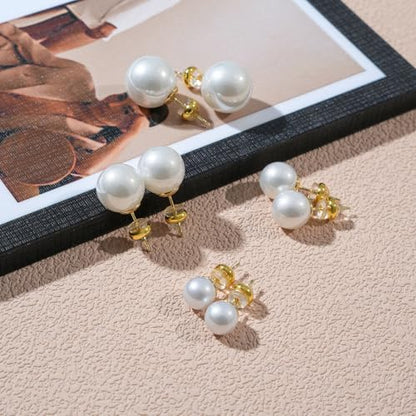 4 Pairs Pearl Stud Earrings, 14K Gold Plated Silver Posts Hypoallergenic Round Simulated Large Pearls, 8mm/10mm/12mm/14mm Stud Earring Set for Women