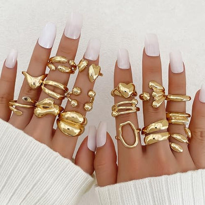 31 Pcs Chunky Gold Rings Fashion Stackable Rings for Women Statement Womens Rings Set Knuckle Band Ring Jewelry Gifts - style: Golden 31 pieces