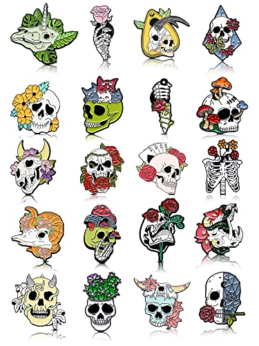 BBTO 20 Pieces Enamel Pins Skull Spooky Skeleton Enamel Pins Set Black Decorative Cartoon Goth Skull Horror Dark Brooch Cute Lapel Buttons for Jacket Backpack Hat Halloween - style: Lively