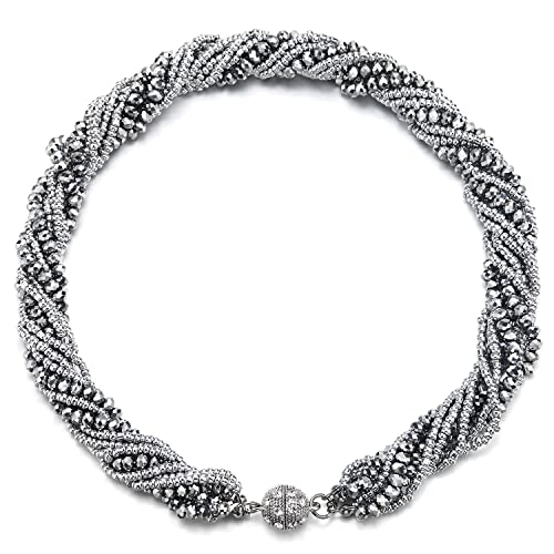 COOLSTEELANDBEYOND Multi-Layer Beads Crystal Braided Chain Choker Collar Magnetic Clasp,Statement Necklace, Bracelet - color: G1-Necklace Silver Color