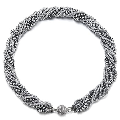 COOLSTEELANDBEYOND Multi-Layer Beads Crystal Braided Chain Choker Collar Magnetic Clasp,Statement Necklace, Bracelet - color: G1-Necklace Silver Color