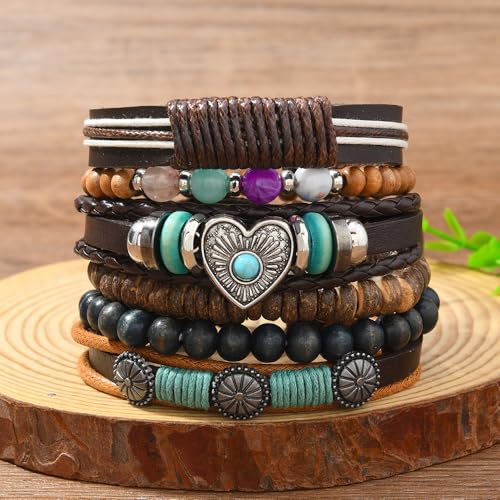 Western Outfits for Women Turquoise Western Bracelets Bohemian Vintage Stackable Beaded Leather Bracelets Adjustable Hand-woven Layered Bracelet Western Country Concert Jewelry for Women - style: Turquoise Love Heart