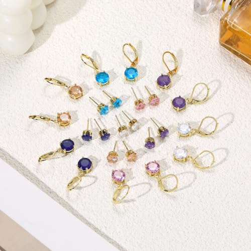 Multicolor Crystal Dangle Studs Earrings Set for Women 925 Silver Hypoallergenic Dangle Earrings Leverback Drop Earring Fashion Cubic Zirconia Leverback Stud Earring Sets Trendy Cubic Zirconia Jewelry Gifts for Women - style: 12-G