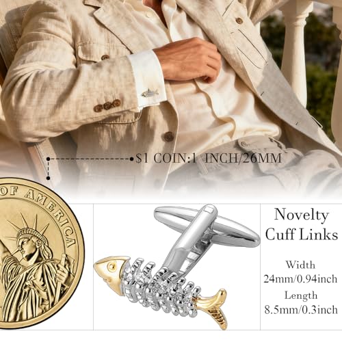 HAWSON Various Unique Cuff Links Mens, Animal/Tactical/Music/Holiday/Cufflinks, Themed Wedding Dinner Party Gift Suit Accessories - style: Fish Skeleton
