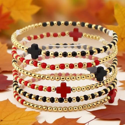 Gold Beaded Bracelets for Women Stackable Boho Gold Plated Colorful Seed Beads Ball Cross Bracelets Stack Elastic Stretch Trendy Jewelry Accessories Non Tarnish Friendship Christian Gift - color: Red Black