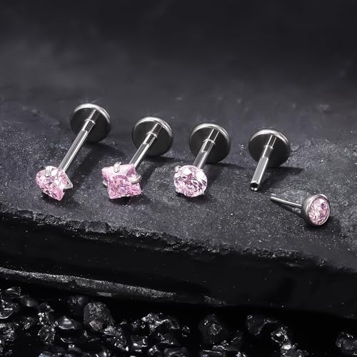 Ruifan Titanium Flat Back Lip Rings Threadless Push in Earrings Studs Nose Rings 20G 18G 16G Round Heart Square CZ Tragus Cartilage Lobe Rook Helix Conch Labret Medusa Piercing Jewelry for Women Men - color: Pink CZ, size: 16G-6/8/10mm