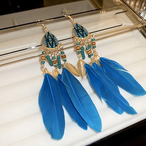 Boho Feather Tassel Dangle Earrings for Women Gold Plated Vintage Enamel Blue Beaded Peacock Feather Light Charms Drop Dangling Fish Hook Stud Bohemian Festival Party Jewelry