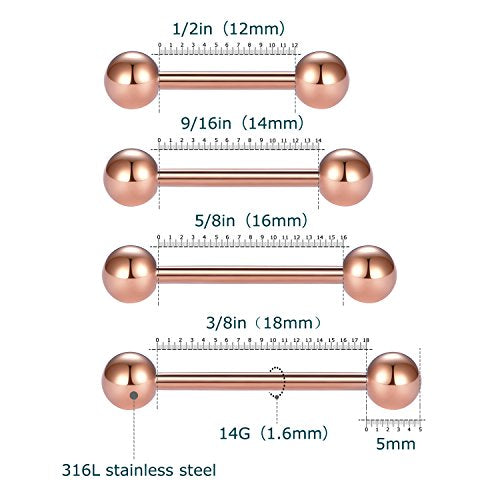 VCMART Nipple Rings Tongue Rings Stainless Steel 14G Straight Barbells Piercing Jewelry 12mm,14mm,16mm,18mm - color: 3 -rose gold